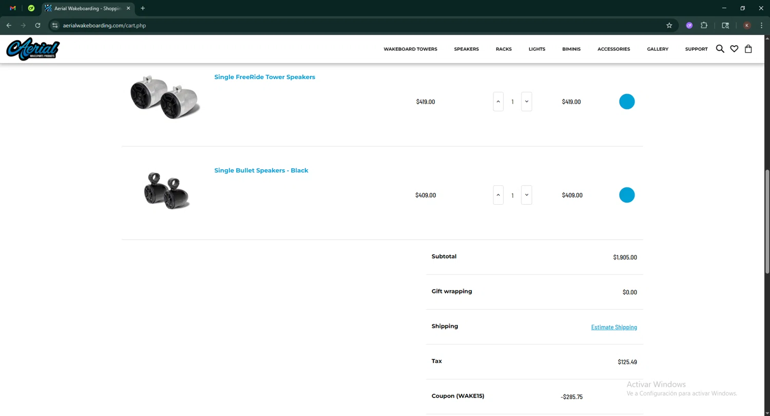 Aerial Wakeboarding promo code screenshot showing code WAKE15 applied at Aerial Wakeboarding checkout page. Uploaded by SimplyCodes community member Keilynkeyonshea on Jun 16, 2025