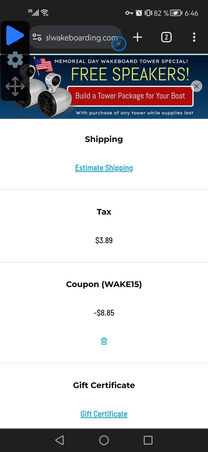 Aerial Wakeboarding checkout page showing Aerial Wakeboarding promo code box | Screenshot taken by SimplyCodes community member on May 28, 2024