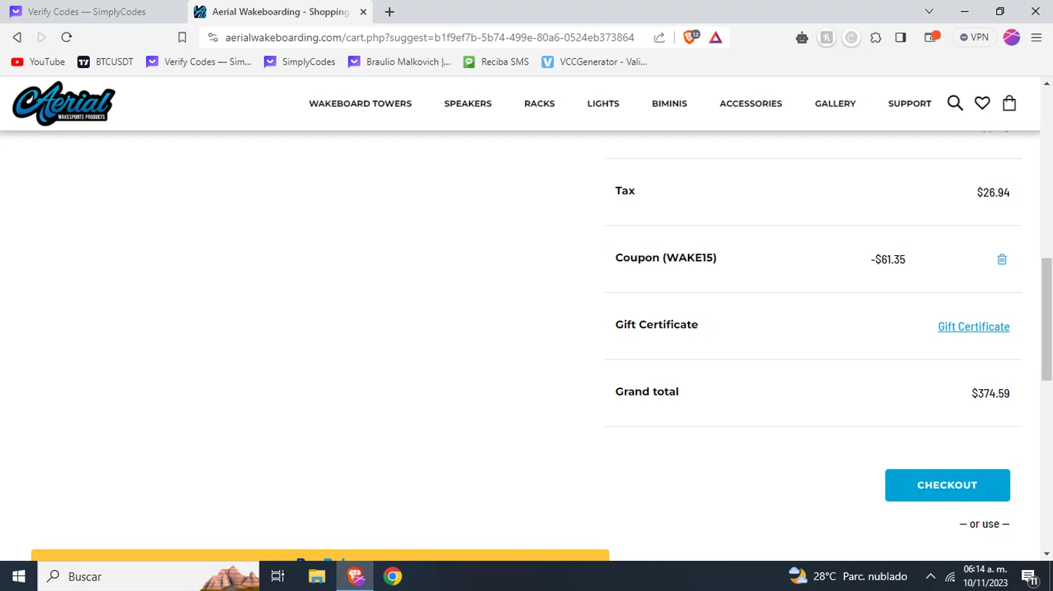 Aerial Wakeboarding checkout page showing Aerial Wakeboarding promo code box | Screenshot taken by SimplyCodes community member on Nov 10, 2023