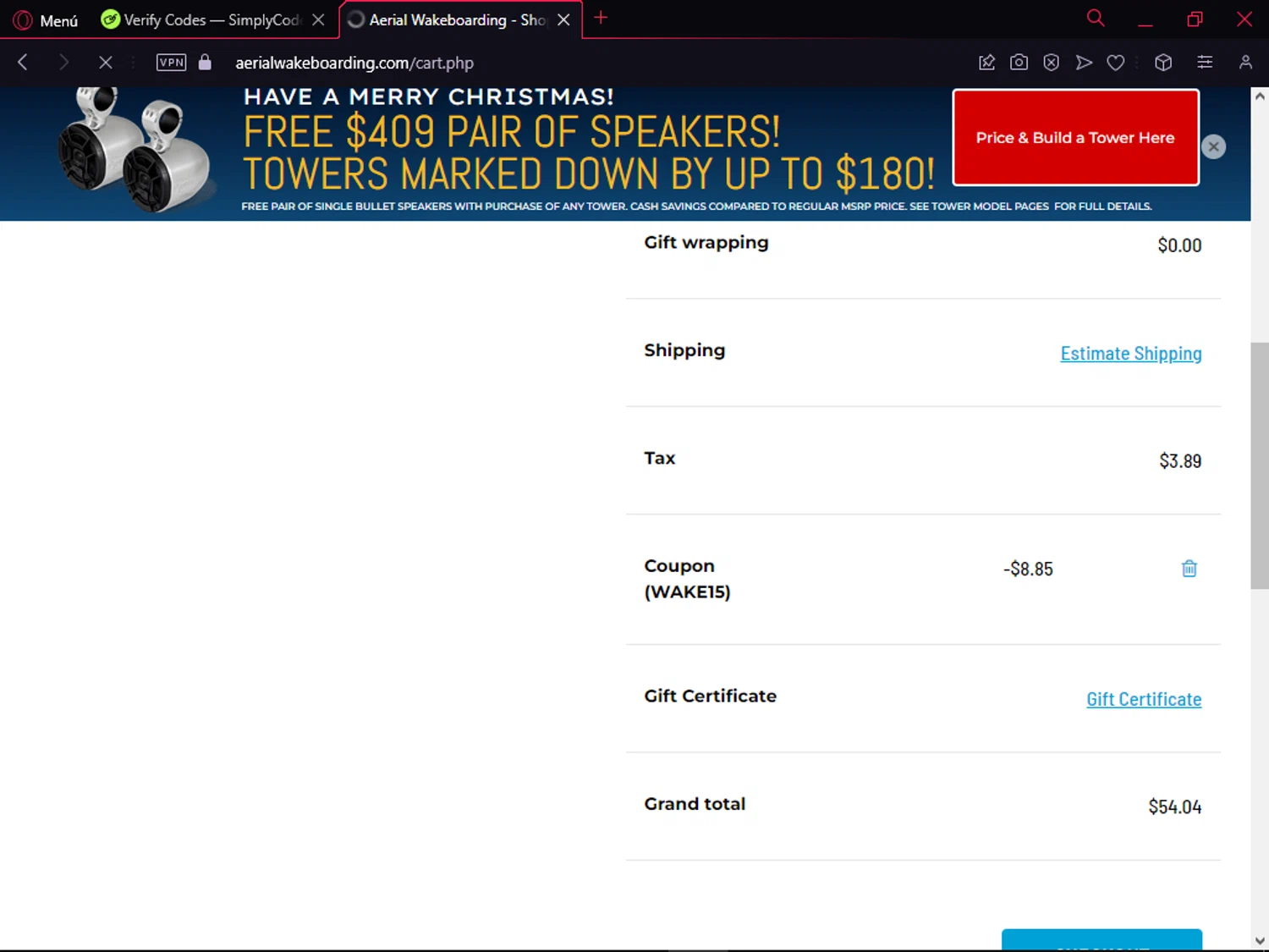 Aerial Wakeboarding checkout page showing Aerial Wakeboarding promo code box | Screenshot taken by SimplyCodes community member on Dec 16, 2024