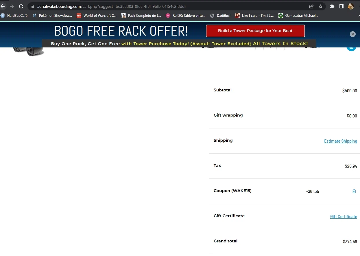 Aerial Wakeboarding checkout page showing Aerial Wakeboarding promo code box | Screenshot taken by SimplyCodes community member on Apr 25, 2022