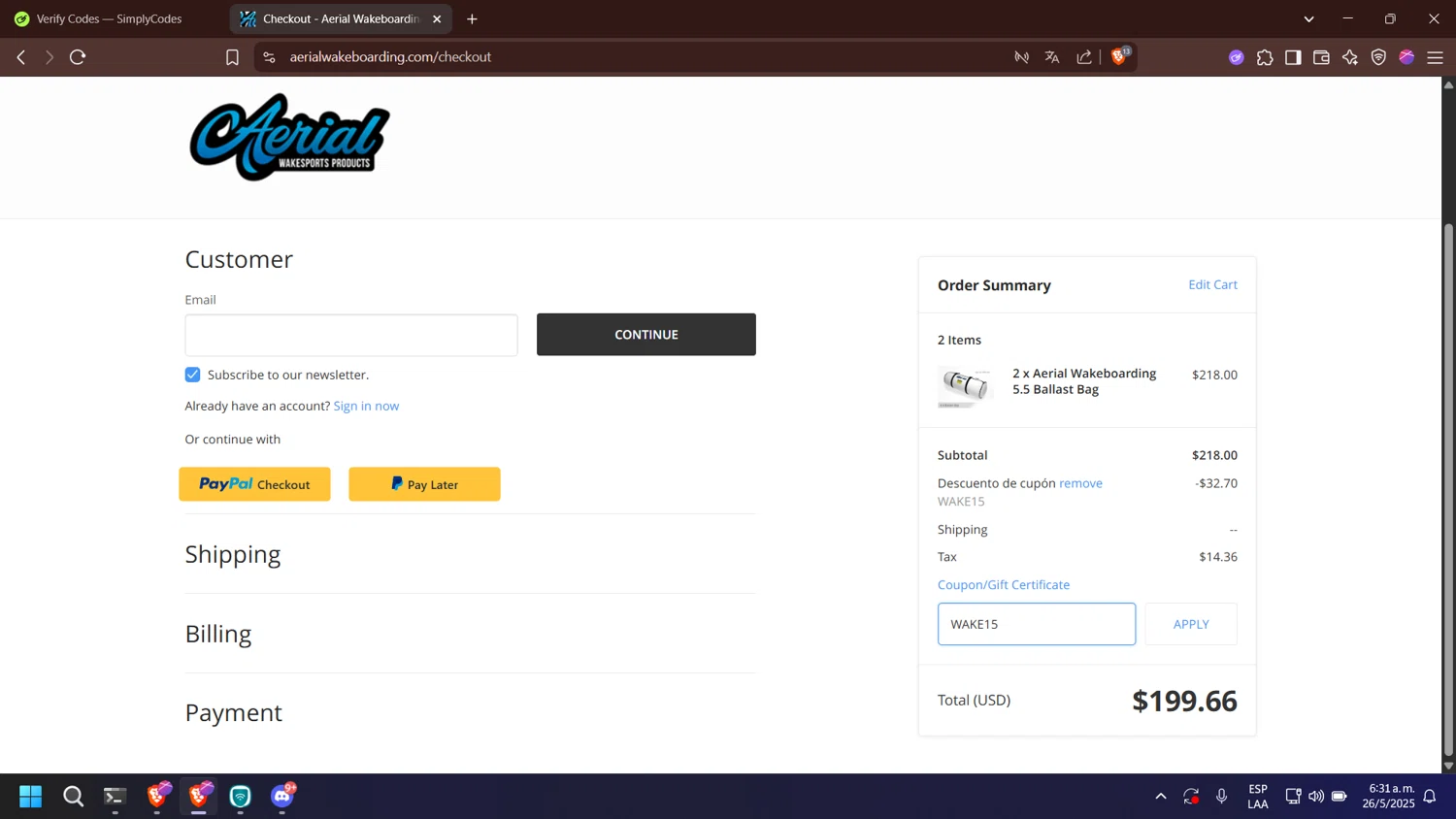 Aerial Wakeboarding promo code screenshot showing code WAKE15 applied at Aerial Wakeboarding checkout page. Uploaded by SimplyCodes community member nabucodonosor on May 26, 2025