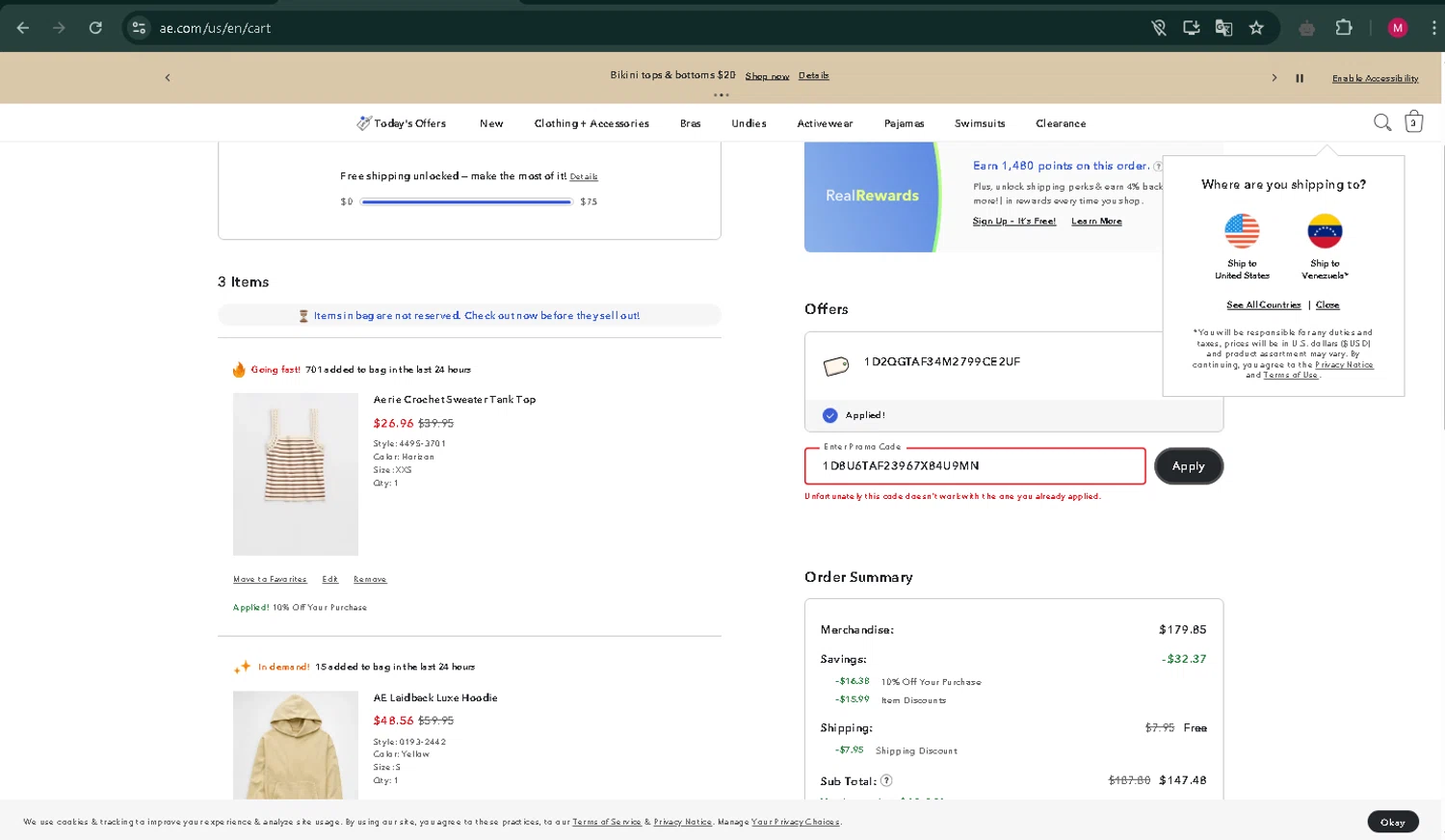 Aerie promo code screenshot showing code 1D8U6TAF23967X84U9MN applied at Aerie checkout page. Uploaded by SimplyCodes community member MOYSEY007 on Mar 24, 2025