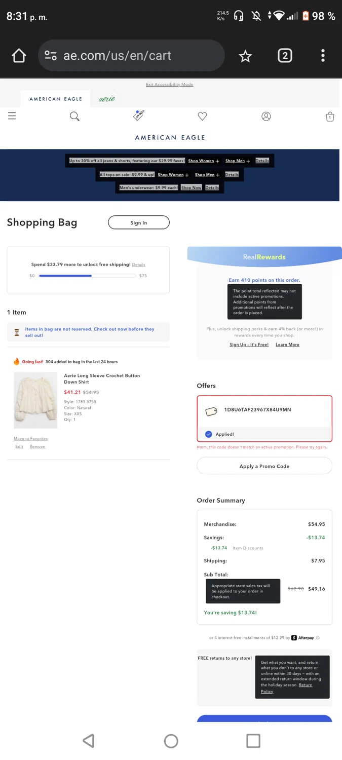 Aerie promo code screenshot showing code 1D8U6TAF23967X84U9MN applied at Aerie checkout page. Uploaded by SimplyCodes community member CouponWhiz2217 on Mar 24, 2025