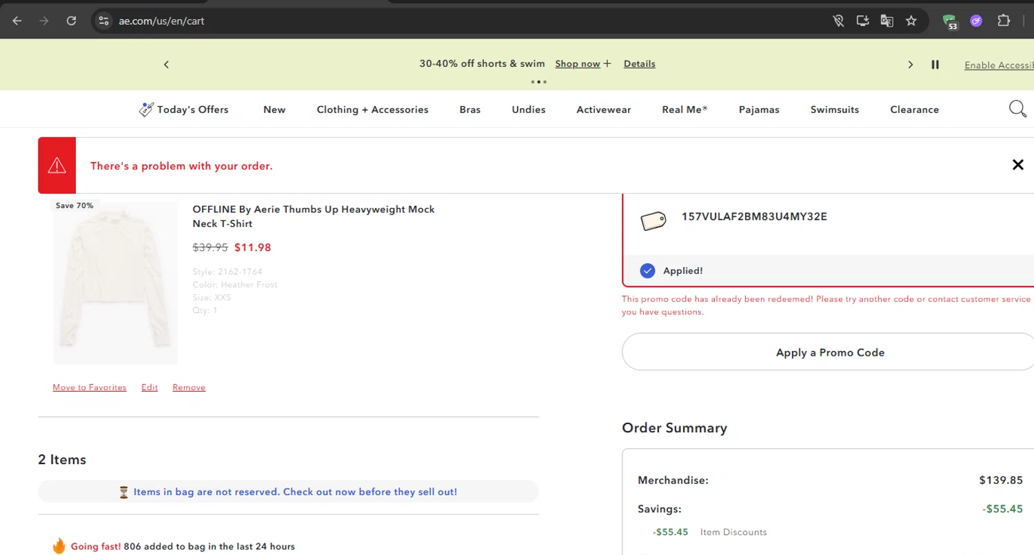 Aerie promo code screenshot showing code 157vulaf2bm83u4my32e applied at Aerie checkout page. Uploaded by SimplyCodes community member Kony24 on May 7, 2025