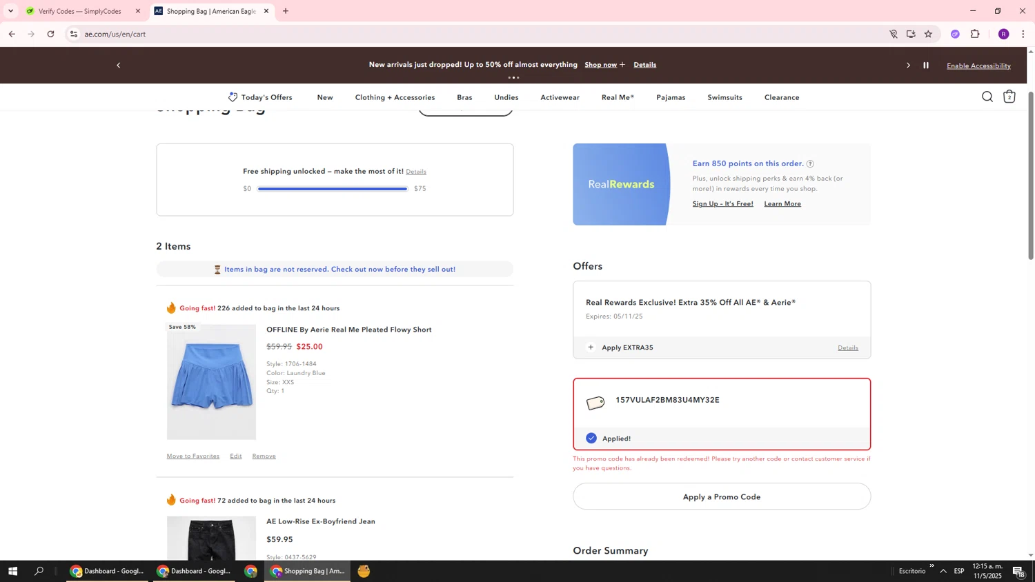 Aerie promo code screenshot showing code 157vulaf2bm83u4my32e applied at Aerie checkout page. Uploaded by SimplyCodes community member ukemochi on May 11, 2025
