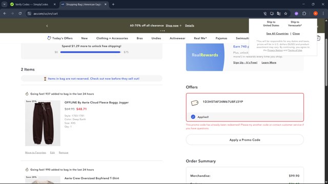 Aerie checkout page showing Aerie promo code box | Screenshot taken by SimplyCodes community member on Aug 8, 2025