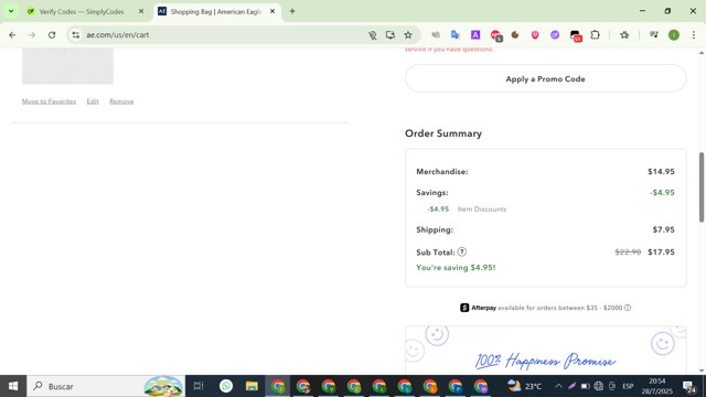 Aerie checkout page showing Aerie promo code box | Screenshot taken by SimplyCodes community member on Jul 29, 2025