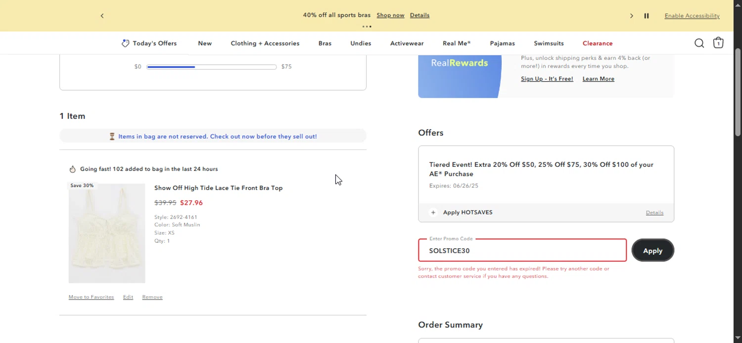 Aerie promo code screenshot showing code SOLSTICE30 applied at Aerie checkout page. Uploaded by SimplyCodes community member Bendito on Jun 24, 2025