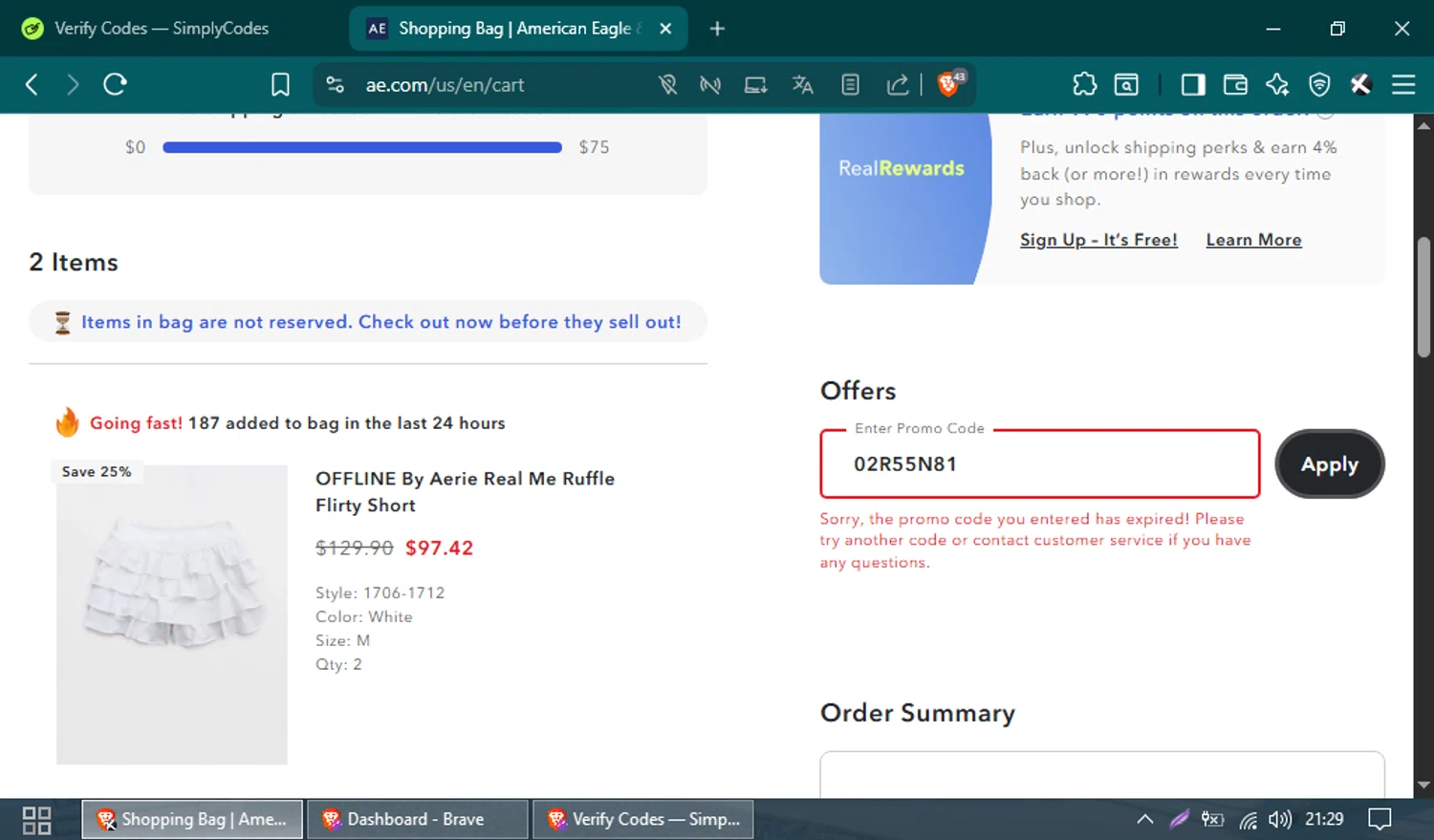 Aerie promo code screenshot showing code 02R55N81 applied at Aerie checkout page. Uploaded by SimplyCodes community member FrugalSaver5213 on Jul 11, 2025