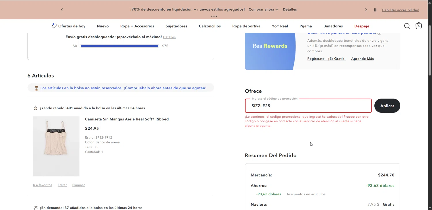 Aerie promo code screenshot showing code SIZZLE25 applied at Aerie checkout page. Uploaded by SimplyCodes community member DonutPunks on Jul 18, 2025
