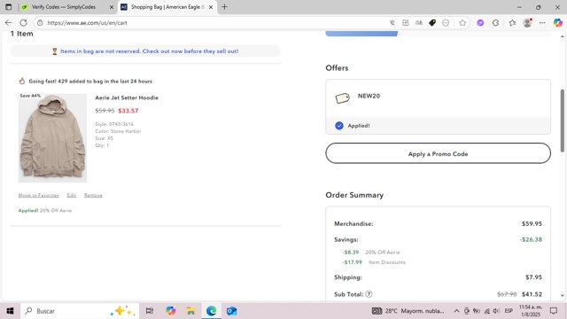 Aerie checkout page showing Aerie promo code box | Screenshot taken by SimplyCodes community member on Aug 1, 2025