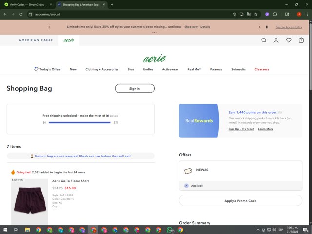 Aerie checkout page showing Aerie promo code box | Screenshot taken by SimplyCodes community member on Jul 21, 2025