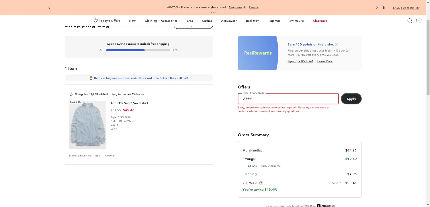 Aerie promo code screenshot showing code APPY applied at Aerie checkout page. Uploaded by SimplyCodes community member VoucherHero1009 on Aug 16, 2025