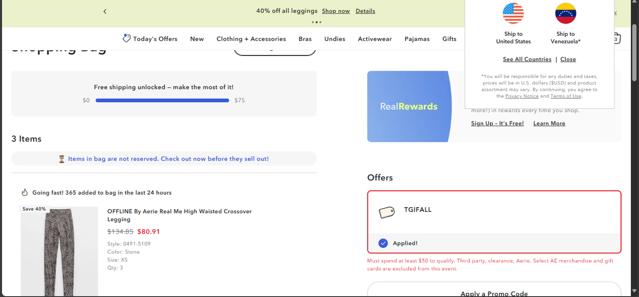 Aerie checkout page showing Aerie promo code box | Screenshot taken by SimplyCodes community member on Sep 25, 2025