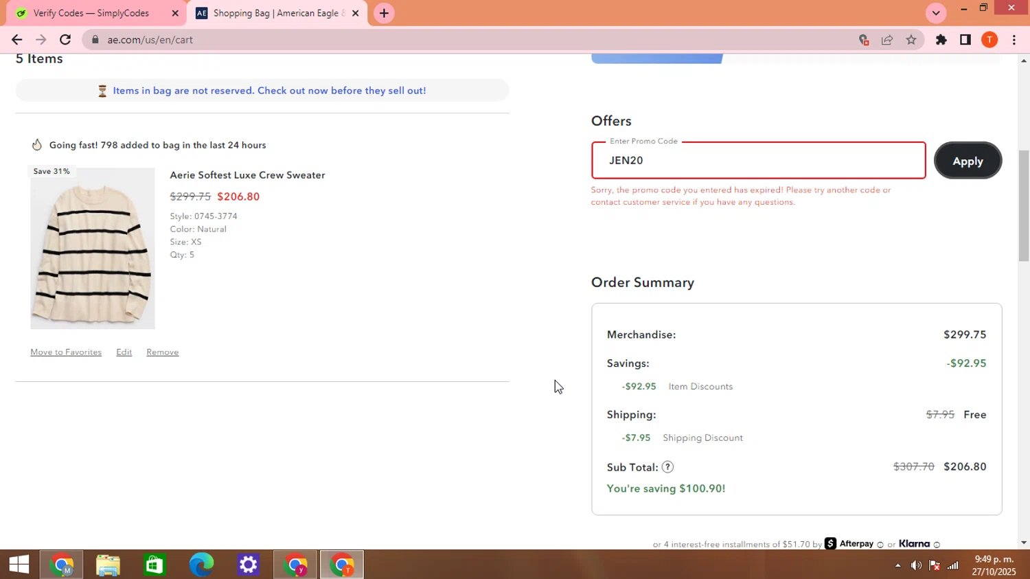 Aerie promo code screenshot showing code JEN20 applied at Aerie checkout page. Uploaded by SimplyCodes community member HHHHHHH on Oct 28, 2025