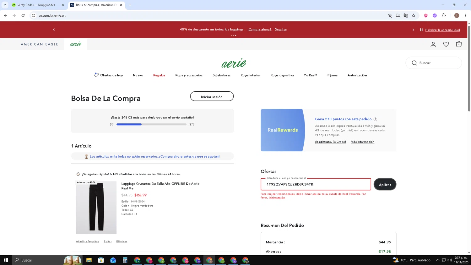 Aerie checkout page showing Aerie promo code box | Screenshot taken by SimplyCodes community member on Nov 12, 2025