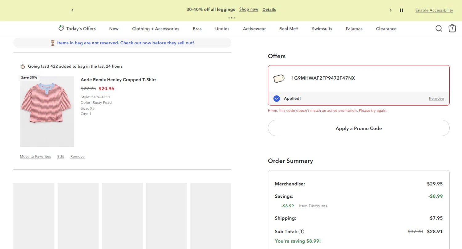 Aerie checkout page showing Aerie promo code box | Screenshot taken by SimplyCodes community member on Feb 18, 2026