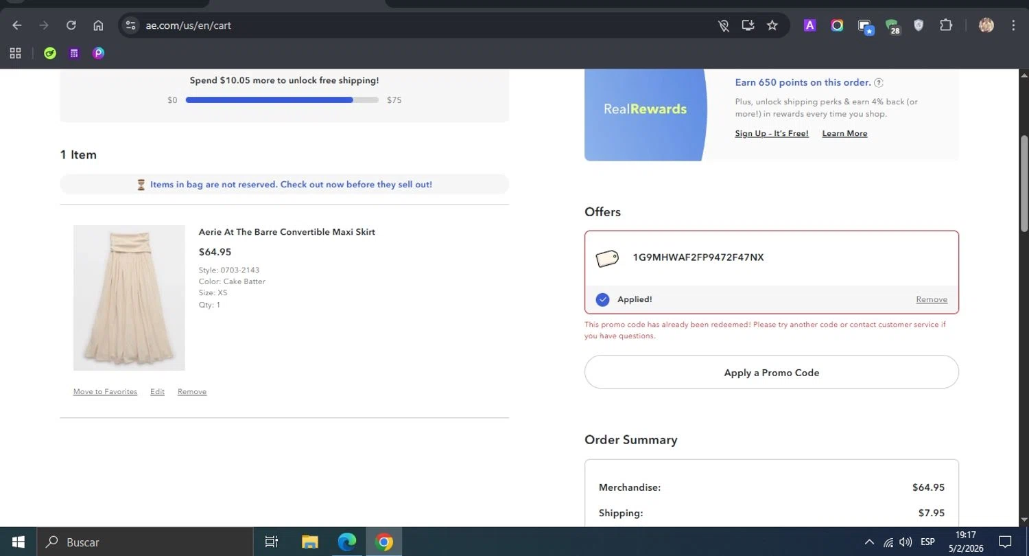 Aerie promo code screenshot showing code 1G9MHWAF2FP9472F47NX applied at Aerie checkout page. Uploaded by SimplyCodes community member ROCKSORD_2 on Feb 5, 2026
