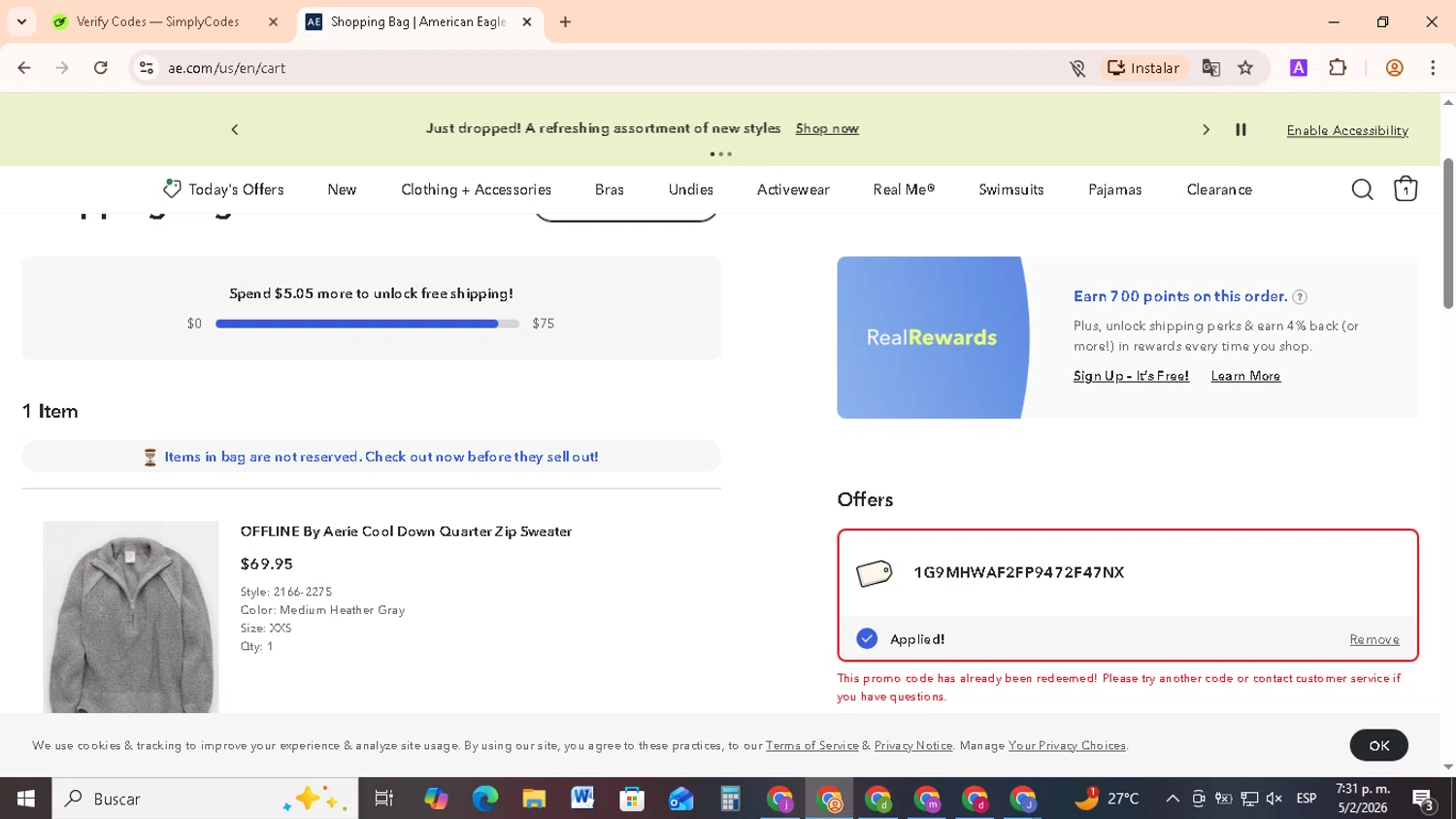 Aerie promo code screenshot showing code 1G9MHWAF2FP9472F47NX applied at Aerie checkout page. Uploaded by SimplyCodes community member RebateCollector5909 on Feb 5, 2026
