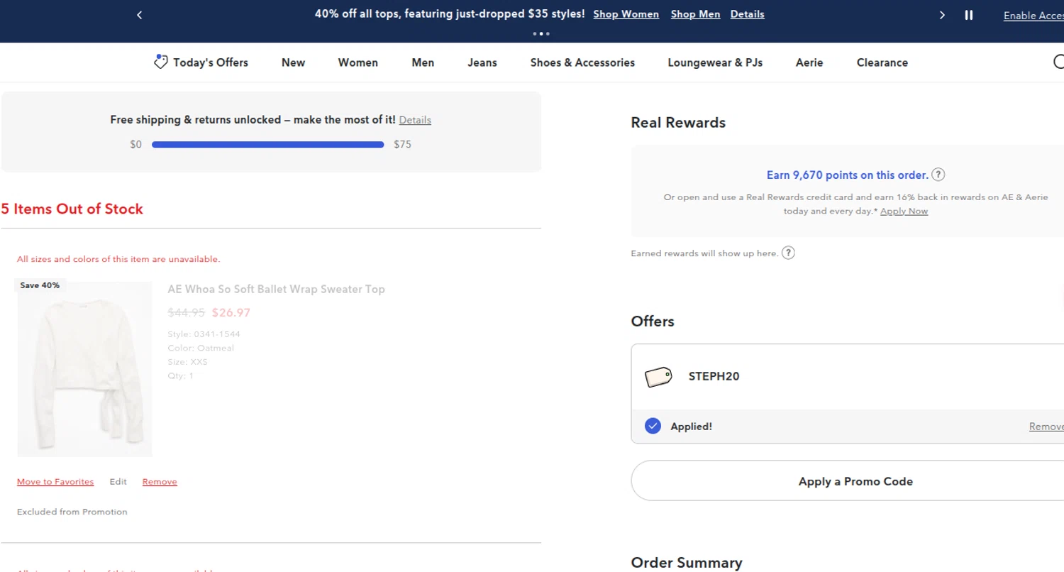 Aerie promo code screenshot showing code STEPH20 applied at Aerie checkout page. Uploaded by SimplyCodes community member reimalave10 on Jan 16, 2026