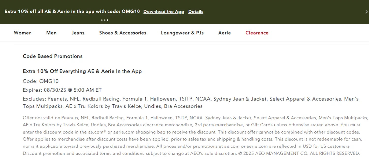 Aerie promo code screenshot showing code OMG10 applied at Aerie checkout page. Uploaded by SimplyCodes community member valeriaantonieta on Aug 27, 2025