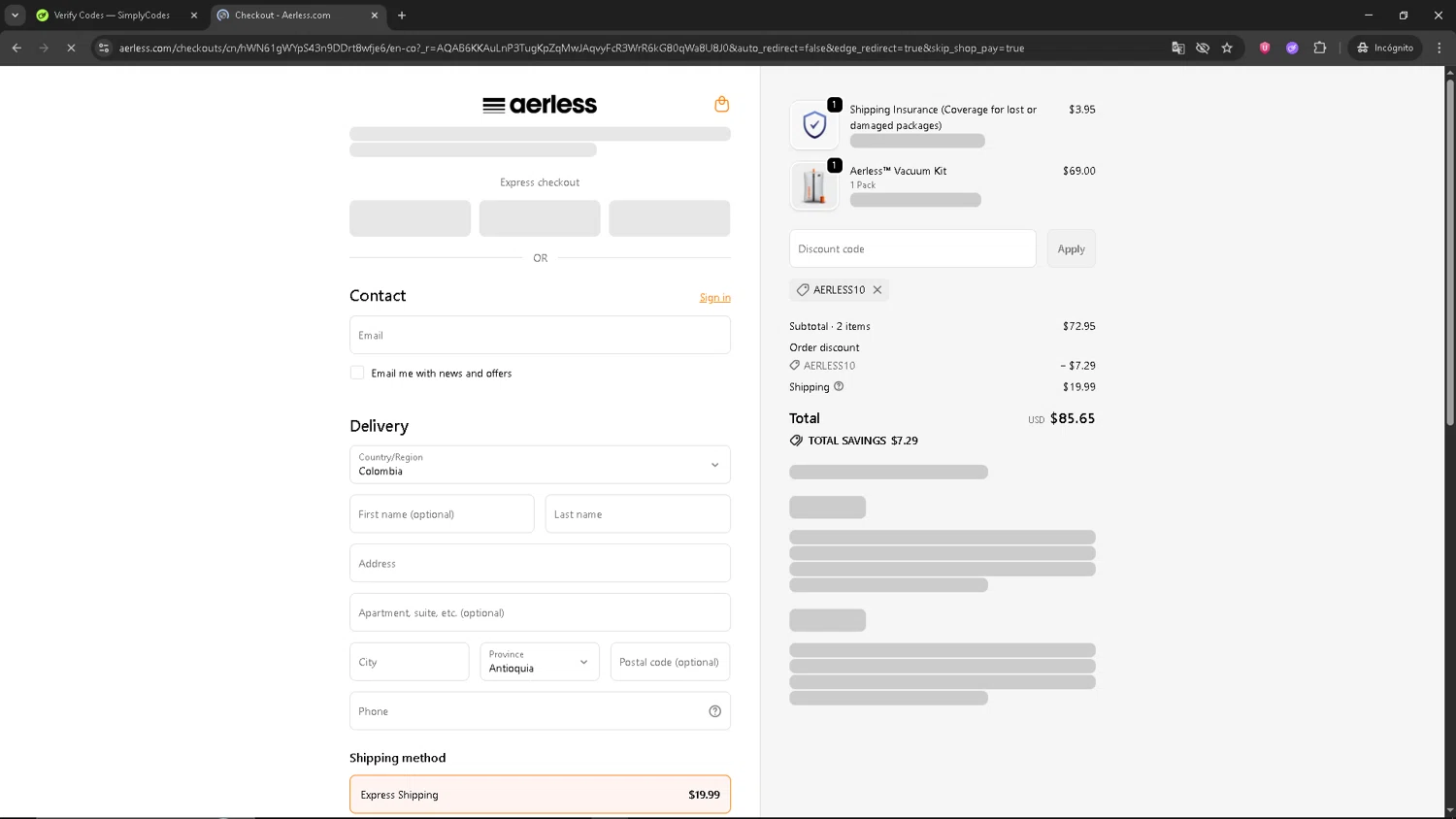 Aerless promo code screenshot showing code AERLESS10 applied at Aerless checkout page. Uploaded by SimplyCodes community member CBR600 on Dec 4, 2025
