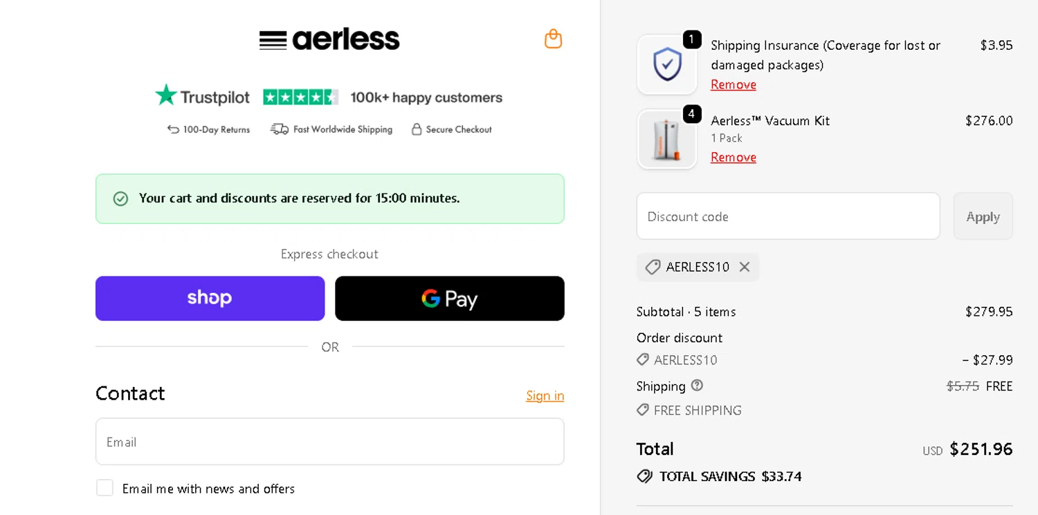 Aerless promo code screenshot showing code AERLESS10 applied at Aerless checkout page. Uploaded by SimplyCodes community member tuvalu10 on Nov 3, 2025