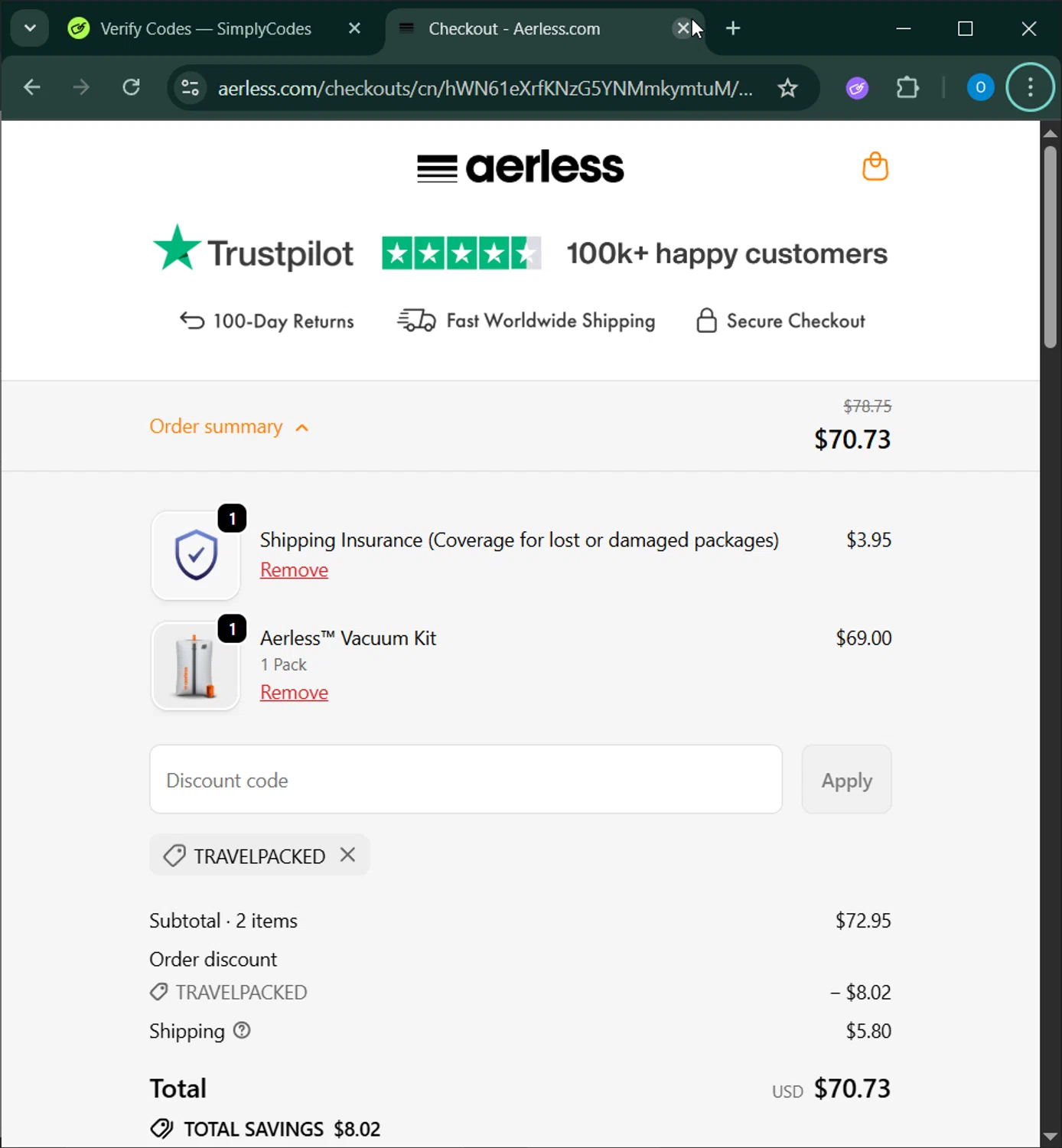 Aerless promo code screenshot showing code TRAVELPACKED applied at Aerless checkout page. Uploaded by SimplyCodes community member _____________ on Dec 4, 2025