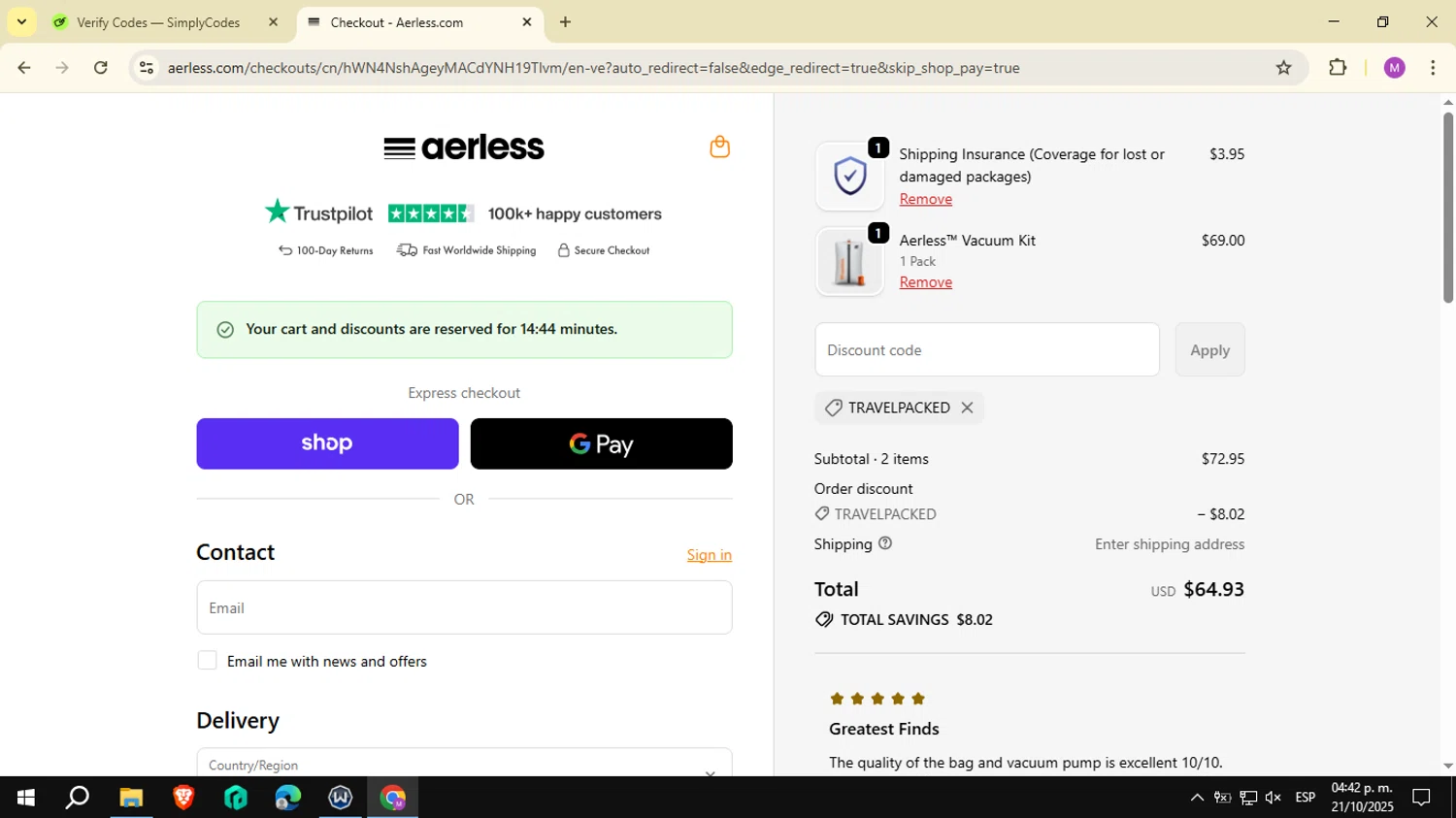 Aerless promo code screenshot showing code TRAVELPACKED applied at Aerless checkout page. Uploaded by SimplyCodes community member NobleSeeker3177 on Oct 21, 2025