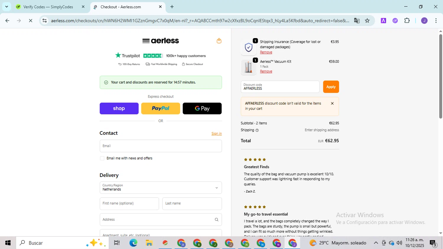 Aerless promo code screenshot showing code AFFAERLESS applied at Aerless checkout page. Uploaded by SimplyCodes community member PromoHunter9043 on Dec 10, 2025