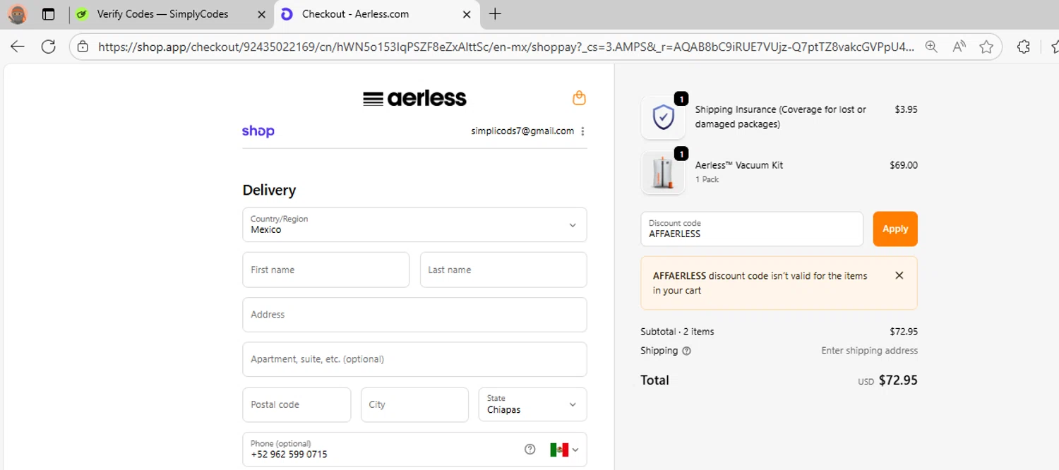 Aerless promo code screenshot showing code AFFAERLESS applied at Aerless checkout page. Uploaded by SimplyCodes community member fhddfhfdhwert on Nov 28, 2025