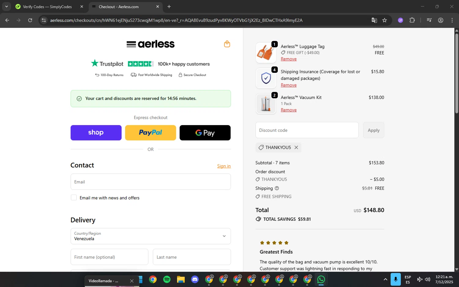 Aerless promo code screenshot showing code THANKYOU5 applied at Aerless checkout page. Uploaded by SimplyCodes community member batmann_28 on Dec 7, 2025