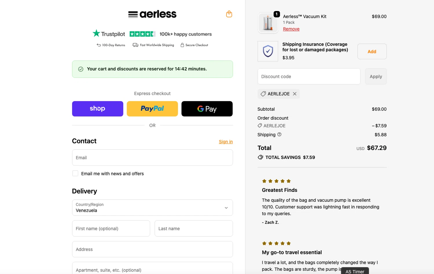 Aerless promo code screenshot showing code AERLEJOE applied at Aerless checkout page. Uploaded by SimplyCodes community member ELOIN777 on Dec 29, 2025