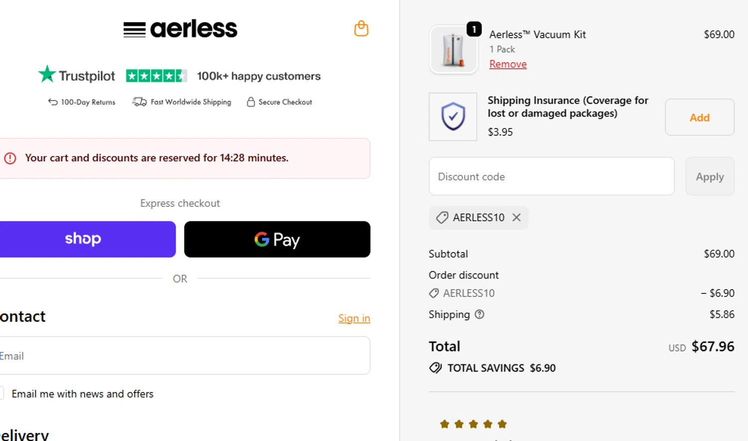 Aerless promo code screenshot showing code AERLESS10 applied at Aerless checkout page. Uploaded by SimplyCodes community member salepmigajera on Oct 5, 2025