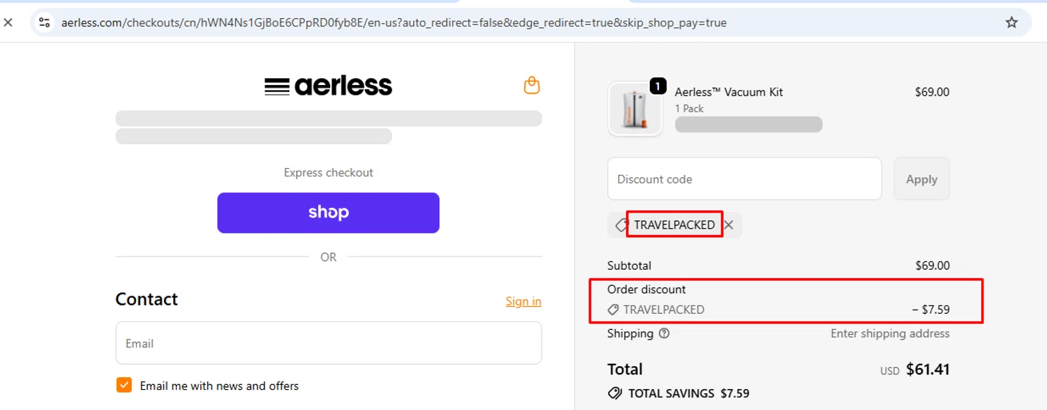 Aerless promo code screenshot showing code TRAVELPACKED applied at Aerless checkout page. Uploaded by SimplyCodes community member nileskamarcano on Oct 21, 2025