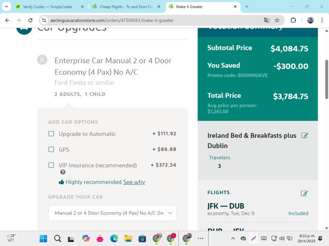 Aer Lingus checkout page showing Aer Lingus promo code box | Screenshot taken by SimplyCodes community member on Apr 30, 2025
