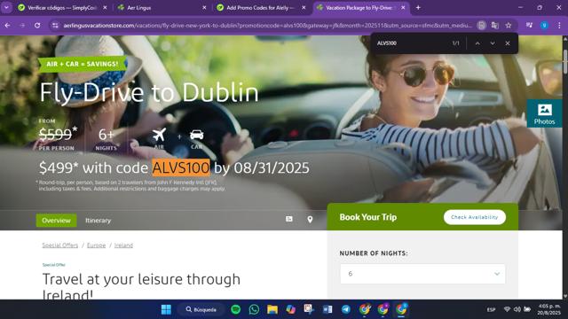 Aer Lingus checkout page showing Aer Lingus promo code box | Screenshot taken by SimplyCodes community member on Aug 20, 2025