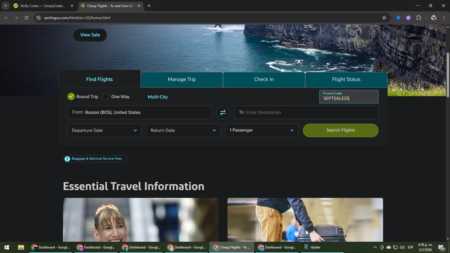 Aer Lingus checkout page showing Aer Lingus promo code box | Screenshot taken by SimplyCodes community member on Feb 2, 2026