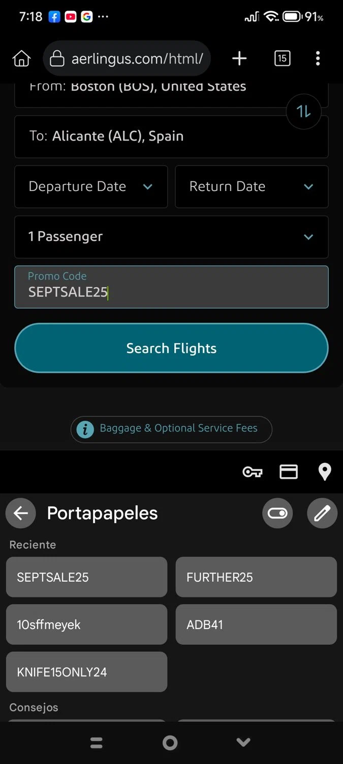 Aer Lingus promo code screenshot showing code SEPTSALE25 applied at Aer Lingus checkout page. Uploaded by SimplyCodes community member cuenta03 on Oct 17, 2025