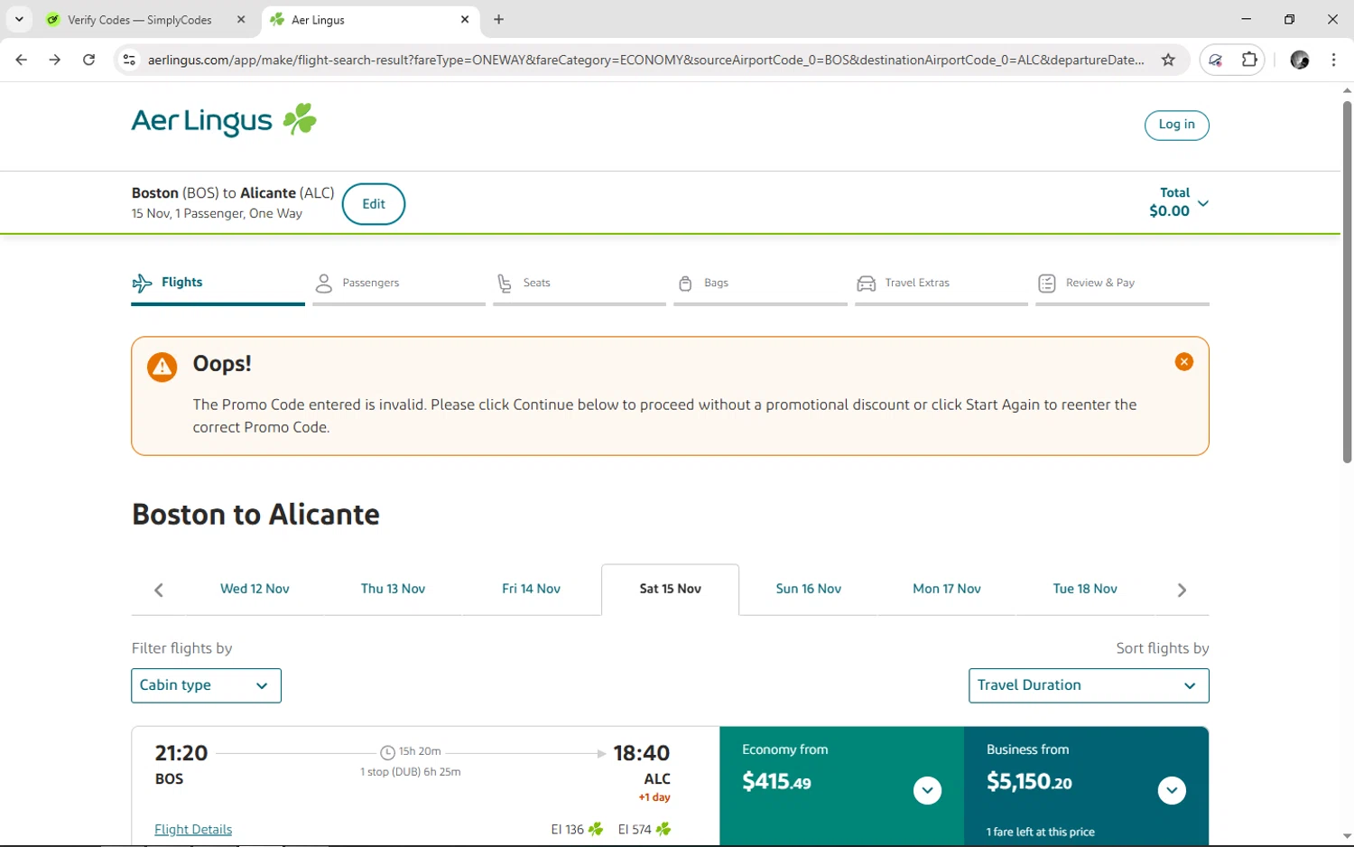 Aer Lingus promo code screenshot showing code TOURSALE applied at Aer Lingus checkout page. Uploaded by SimplyCodes community member TUNGTUNG on Nov 7, 2025