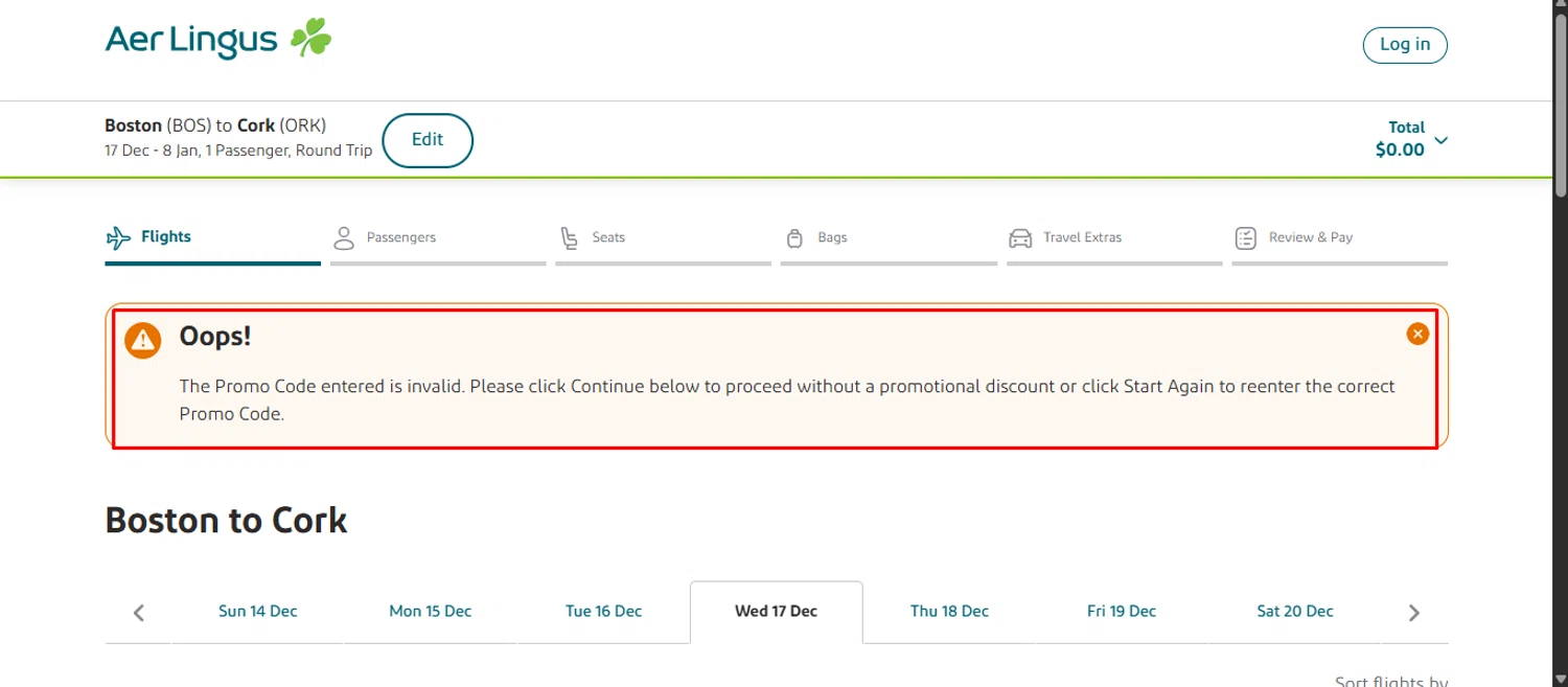 Aer Lingus promo code screenshot showing code TOURSALE applied at Aer Lingus checkout page. Uploaded by SimplyCodes community member noworries on Dec 12, 2025