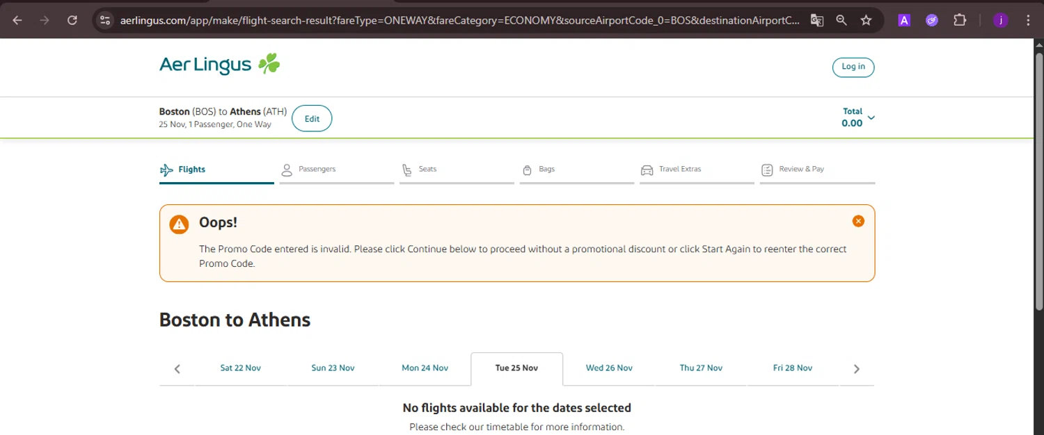 Aer Lingus promo code screenshot showing code EUTRIP applied at Aer Lingus checkout page. Uploaded by SimplyCodes community member CoinMaverick1452 on Nov 21, 2025