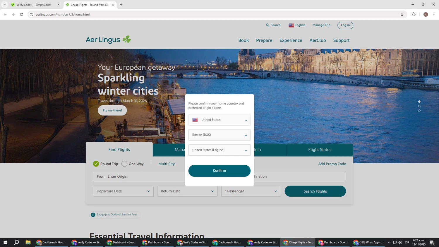 Aer Lingus promo code screenshot showing code EUTRIP applied at Aer Lingus checkout page. Uploaded by SimplyCodes community member SwiftSage2309 on Nov 13, 2025