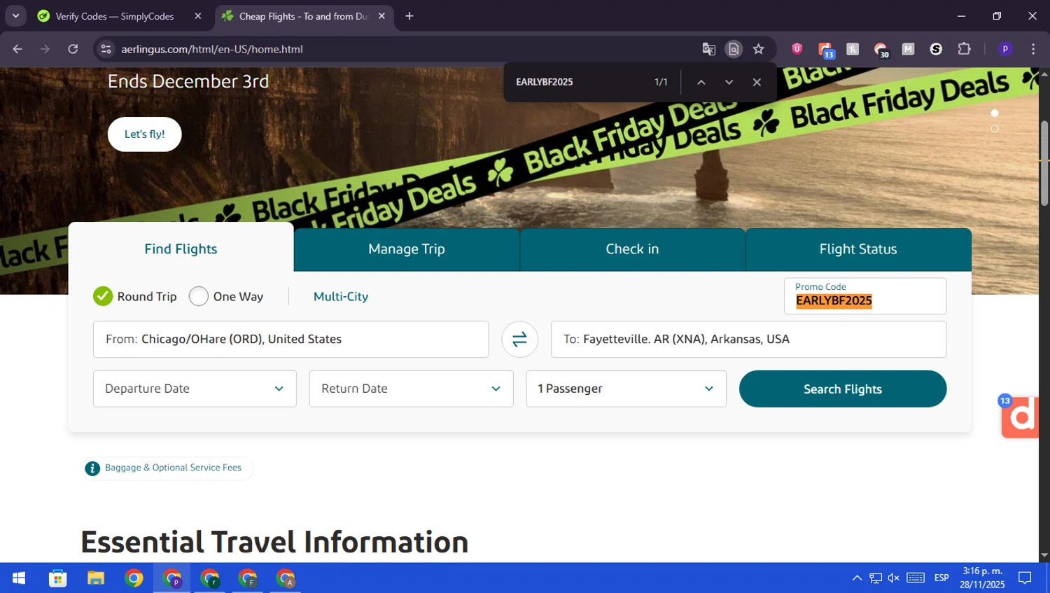 Aer Lingus promo code screenshot showing code EARLYBF2025 applied at Aer Lingus checkout page. Uploaded by SimplyCodes community member RebateScout6612 on Nov 28, 2025