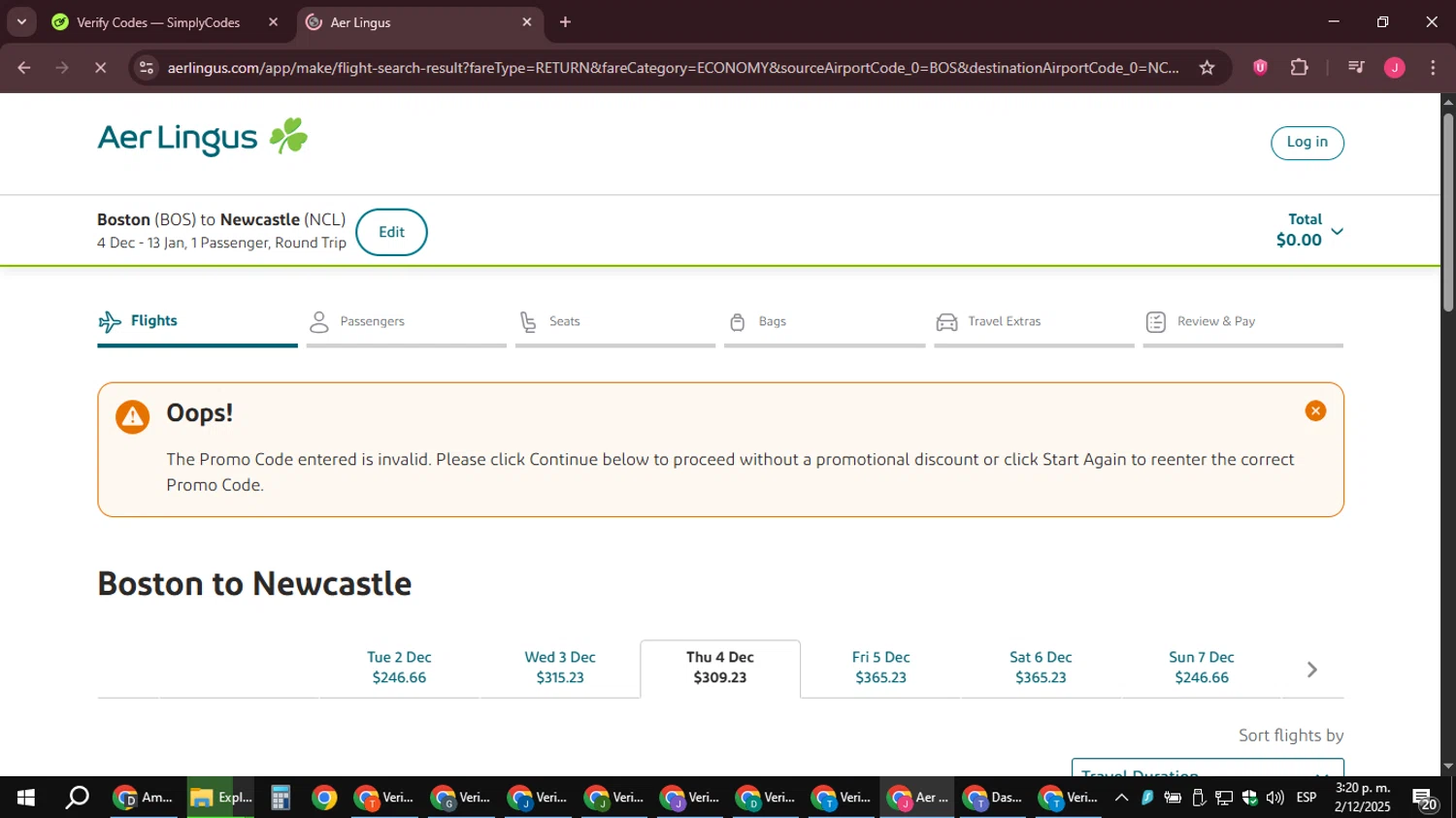 Aer Lingus promo code screenshot showing code BLKFRI25 applied at Aer Lingus checkout page. Uploaded by SimplyCodes community member JackWilson63 on Dec 2, 2025