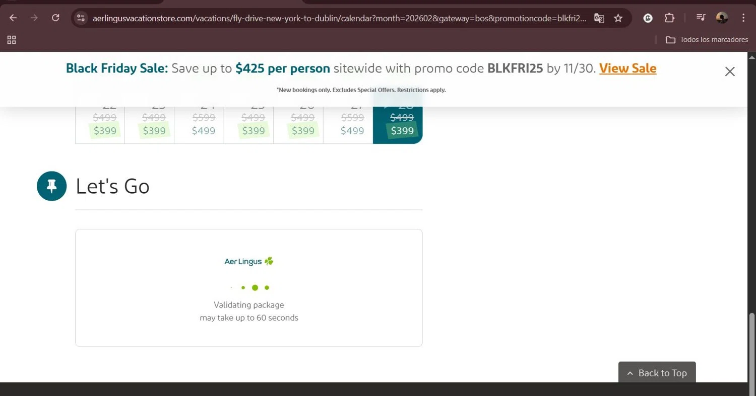 Aer Lingus promo code screenshot showing code BLKFRI25 applied at Aer Lingus checkout page. Uploaded by SimplyCodes community member Milaya on Nov 28, 2025