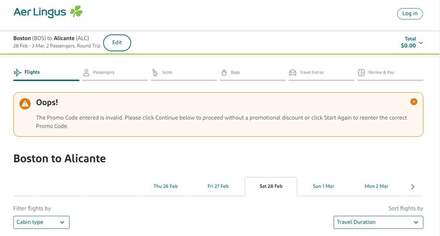 Aer Lingus promo code screenshot showing code TRIPREADY applied at Aer Lingus checkout page. Uploaded by SimplyCodes community member Yuskeilyn20 on Feb 26, 2026