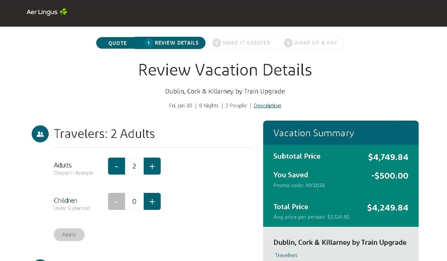 Aer Lingus promo code screenshot showing code NY2026 applied at Aer Lingus checkout page. Uploaded by SimplyCodes community member LAMINEJAMAL on Dec 29, 2025
