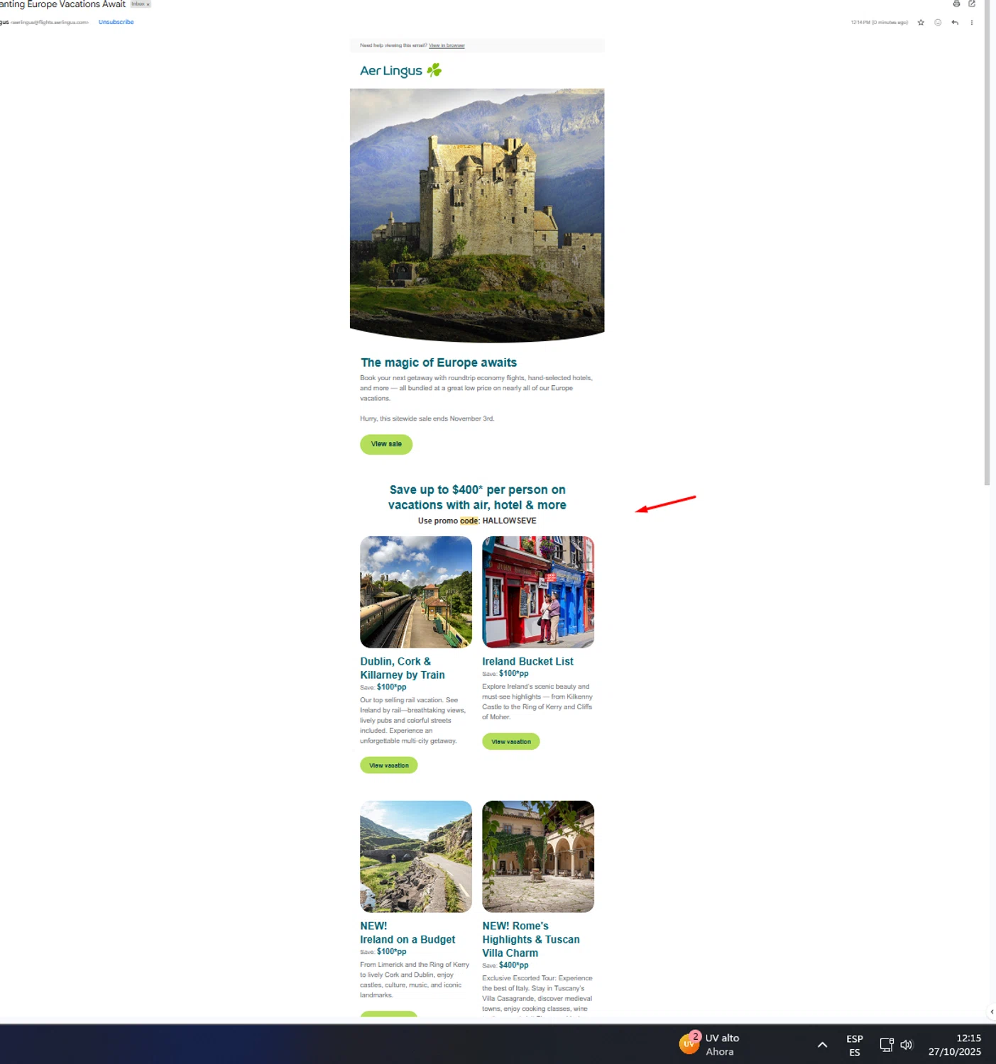 Aer Lingus promo code screenshot showing code HALLOWSEVE applied at Aer Lingus checkout page. Uploaded by SimplyCodes community member UnkNownVnzla on Oct 27, 2025